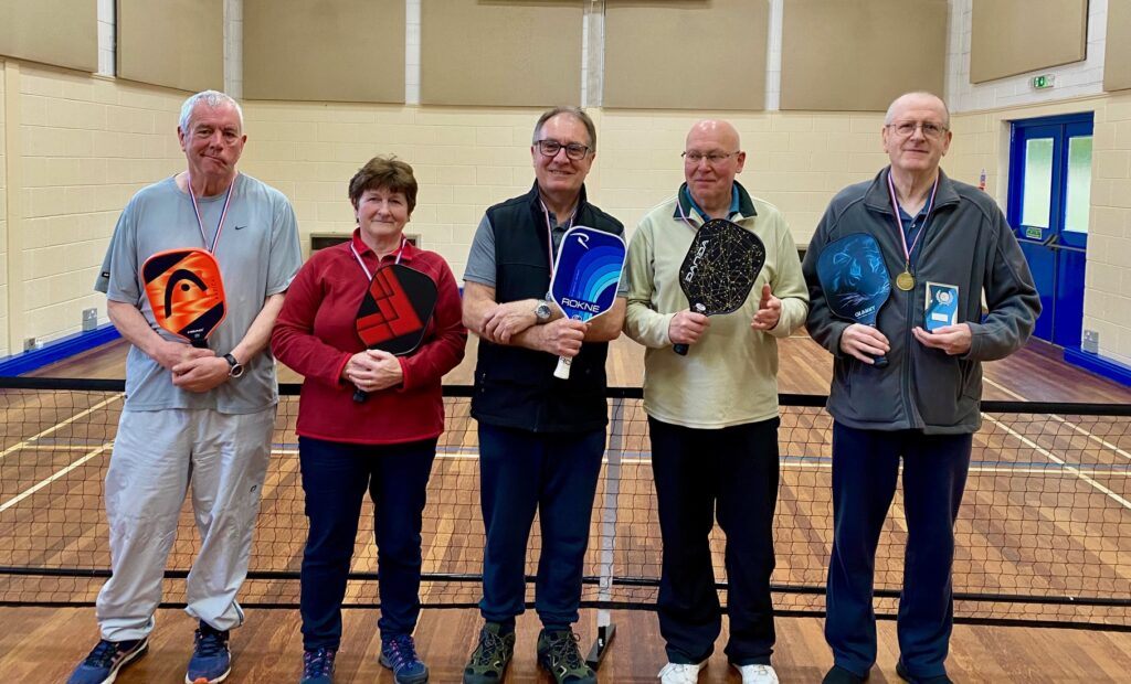 Winner of the 2025 Pickleball Tournament. David Collinson, Barbara Ellwood, Steve Tanham, Steve Smith, David Atkinson (unfortunately Sarah Rashleigh was absent on the presentation day)